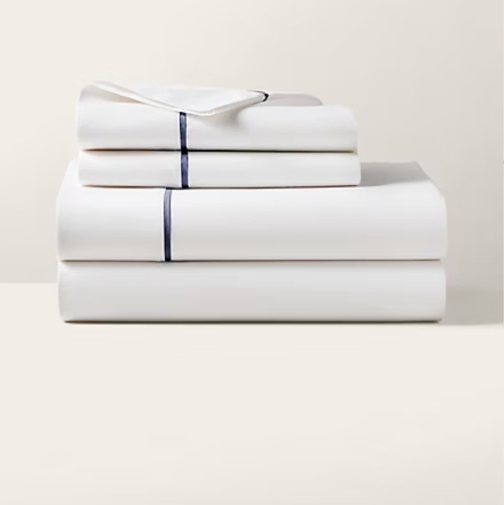 Ralph Lauren Palmer Organic Percale Cotton King Flat Sheet White W/Navy Trim New